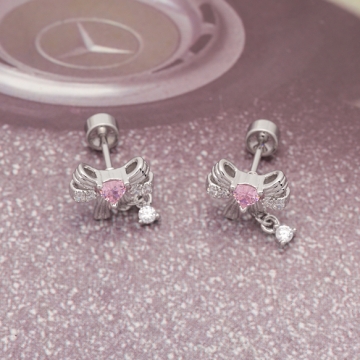 バーベルピアス リボン/うさぎ ピンクストーン付き ステンレス製 メッキ加工 デザインピアス 約8×10mm（ 1ペア）