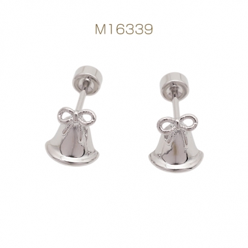 バーベルピアス リボンとベル 半面 鈴 鐘 ステンレス製 メッキ加工 デザインピアス 約7×8mm（ 1ペア）