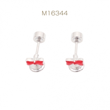 バーベルピアス 赤いリボンとベル 立体 鈴 鐘 ステンレス製 メッキ加工 デザインピアス 約6×6mm（ 1ペア）