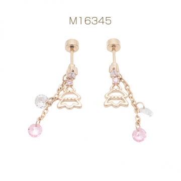 バーベルピアス クリスマスツリー ストーンチャーム付き ステンレス製 メッキ加工 デザインピアス 約7×9mm（ 1ペア）