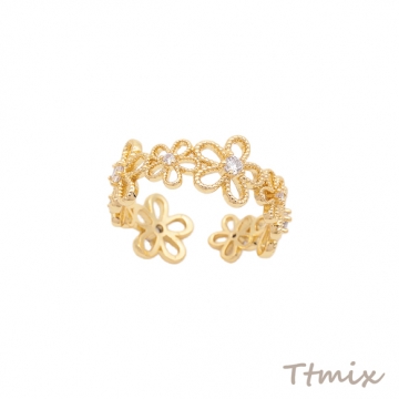 デザインリング 透かしフラワー ストーン付き メタルリング オープンリング 内径約17mm外径約21mm（1個）