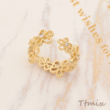 デザインリング 透かしフラワー ストーン付き メタルリング オープンリング 内径約17mm外径約21mm（1個）