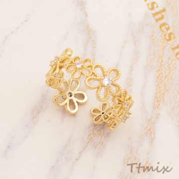 デザインリング 透かしフラワー ストーン付き メタルリング オープンリング 内径約17mm外径約21mm（1個）