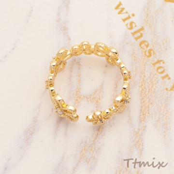 デザインリング 透かしフラワー ストーン付き メタルリング オープンリング 内径約17mm外径約21mm（1個）