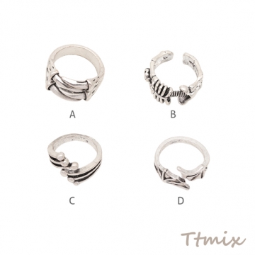 デザインリング ボーンモチーフ ヴィンテージ風 アンティークシルバー メタルリング オープンリング 全4種（1個）