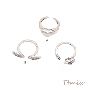 デザインリング 羽 ハート うさぎ ヴィンテージ風 アンティークシルバー メタルリング オープンリング 全3種（1個）