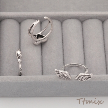 デザインリング 羽 ハート うさぎ ヴィンテージ風 アンティークシルバー メタルリング オープンリング 全3種（1個）