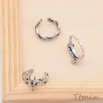 デザインリング フラワー 鹿 リーフ ヴィンテージ風 アンティークシルバー メタルリング オープンリング 全3種（1個）