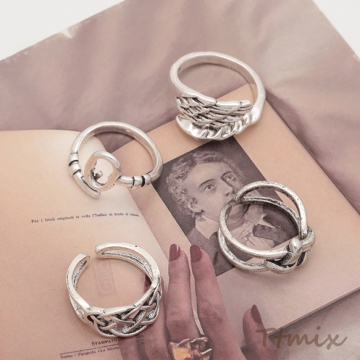 デザインリング 不規則 ワイド 幅広 ヴィンテージ風 アンティークシルバー メタルリング オープンリング 全4種（1個）