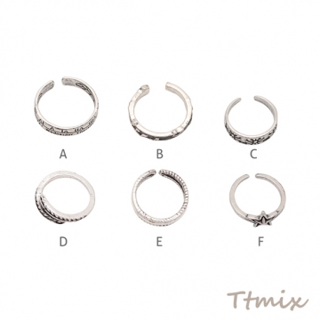 デザインリング 細身 バリエーション豊富 ヴィンテージ風 アンティークシルバー メタルリング オープンリング 全6種（1個）