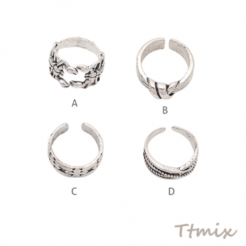 デザインリング 変形 不規則デザイン ヴィンテージ風 アンティークシルバー メタルリング オープンリング 全4種（1個）