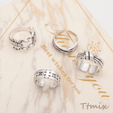 デザインリング 変形 不規則デザイン ヴィンテージ風 アンティークシルバー メタルリング オープンリング 全4種（1個）