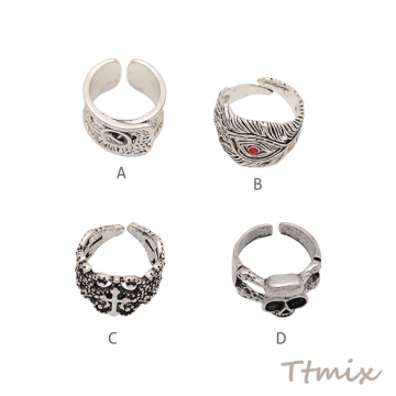 デザインリング 幅広 ワイド 不規則 ヴィンテージ風 アンティークシルバー メタルリング オープンリング 全4種（1個）