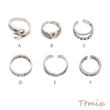 デザインリング 不規則 バリエーション豊富 ヴィンテージ風 アンティークシルバー メタルリング オープンリング 全6種（1個）