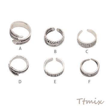 デザインリング フェザー 幾何学模様 ヴィンテージ風 アンティークシルバー メタルリング オープンリング 全6種（1個）