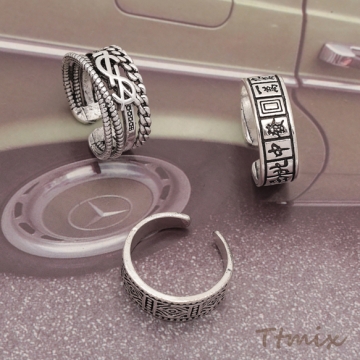 デザインリング フェザー 幾何学模様 ヴィンテージ風 アンティークシルバー メタルリング オープンリング 全6種（1個）