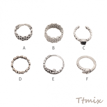 デザインリング 個性的 ヴィンテージ風 アンティークシルバー メタルリング オープンリング 全6種（1個）
