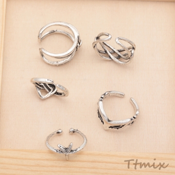 デザインリング スマート 変形デザイン ヴィンテージ風 アンティークシルバー メタルリング オープンリング 全5種（1個）