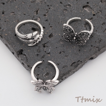 デザインリング フラワー 蝶 ヴィンテージ風 アンティークシルバー メタルリング オープンリング 全6種（1個）