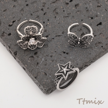 デザインリング フラワー 蝶 ヴィンテージ風 アンティークシルバー メタルリング オープンリング 全6種（1個）