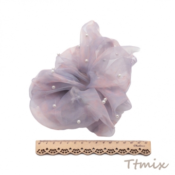 シュシュ グラデーションパープル＆ブルー シアーチュール パール付き 髪飾り 髪留め ヘアゴム ヘアアクセサリー（1ヶ）