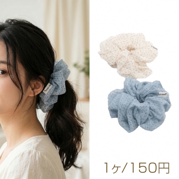 シュシュ チェック＆ドット柄 シアーチュール シュシュ 髪飾り 髪留め ヘアゴム ヘアアクセサリー（1ヶ）