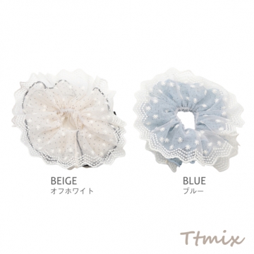 シュシュ チェック＆ドット柄 2層レース フラワーモチーフ パール付き 髪飾り 髪留め ヘアゴム ヘアアクセサリー（1ヶ）