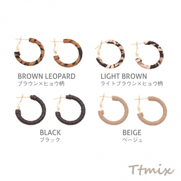 デザインピアス ブラウン系 レオパード柄 ヴィンテージ風 レザー フープピアス 約27mm（1ペア）