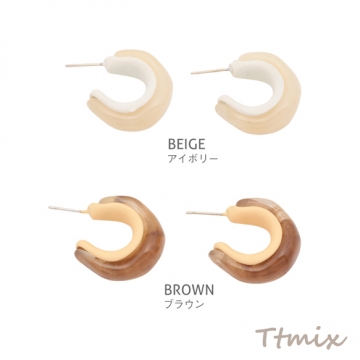 デザインピアス 樹脂製 乳白色 ブラウン C型 スタッドピアス 約21mm（1ペア）
