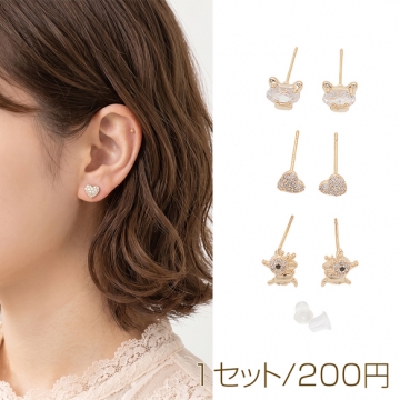 デザインピアス 猫 トナカイ ハート ジルコニア スタッドピアス 3種（1セット）