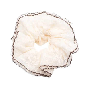 シュシュ オフホワイト＆ブラウン 透け感 レース フラワーモチーフ 髪飾り 髪留め ヘアゴム ヘアアクセサリー（1ヶ）