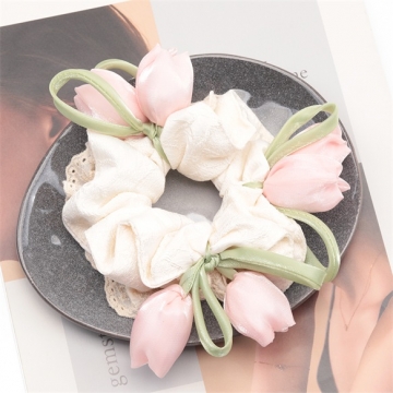 シュシュ チューリップ フラワーモチーフ フラワーレース 髪飾り 髪留め ヘアゴム ヘアアクセサリー（1ヶ）