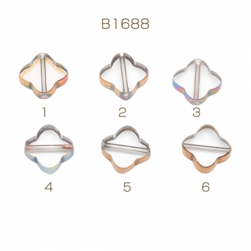 ガラスビーズ 四つ葉のクローバー クリア オーロラメッキの縁 研磨加工 フラットビーズ 約10×10mm（4ヶ）