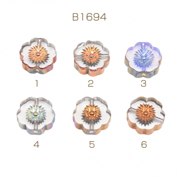 ガラスビーズ 五弁花 クリア オーロラメッキの縁 研磨加工 フラットビーズ 約14mm（4ヶ）