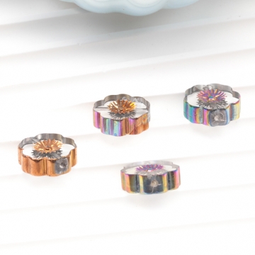 ガラスビーズ 五弁花 クリア オーロラメッキの縁 研磨加工 フラットビーズ 約14mm（4ヶ）