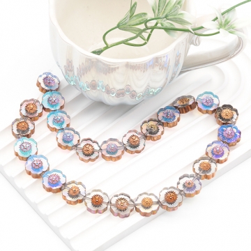 ガラスビーズ 五弁花 クリア オーロラメッキの縁 研磨加工 フラットビーズ 約14mm（4ヶ）