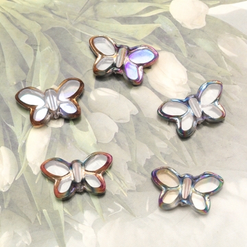 ガラスビーズ 蝶々 バタフライ クリア オーロラメッキの縁 研磨加工 フラットビーズ 約11×20mm（4ヶ）