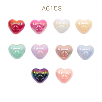 アクリルビーズ ぷっくりハート リボン模様 縦穴 オーロラカラー カラーランダム 約15×17mm（6ヶ）