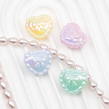 アクリルビーズ ぷっくりハート リボン模様 フチフリル風 縦穴 オーロラカラー カラーランダム 約19×22mm（6ヶ）