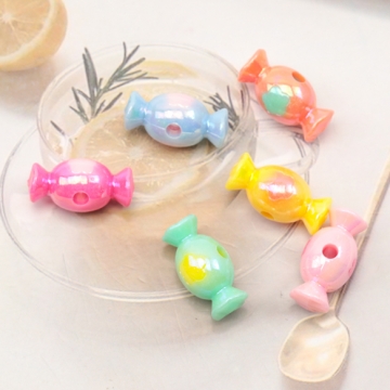 アクリルビーズ ぷっくりキャンディ フラワー模様 縦穴 オーロラカラー カラーランダム 約10×20mm（10ヶ）