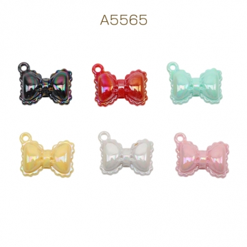 アクリルビーズ ぷっくりリボン オーロラカラー 縦穴 カン付き アクリルチャーム カラーランダム 約17×23mm（6ヶ）