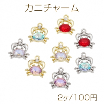 カニチャーム 蟹 ストーン付き キラキラ カラフル 海モチーフ マリンチャーム メタルチャーム 約15×17mm（2ヶ）