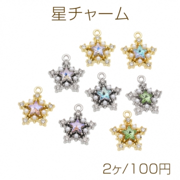 星チャーム スター ABSパール＆ストーン付き キラキラ 宇宙チャーム 半面 メタルチャーム 約15×18mm（2ヶ）