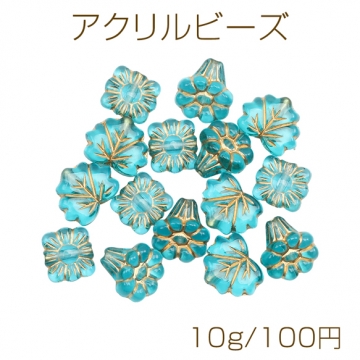 アクリルビーズ フラワーモチーフ ミックス 金彩 ターコイズブルー バロック風 アンティーク調 種類ランダム（10g）