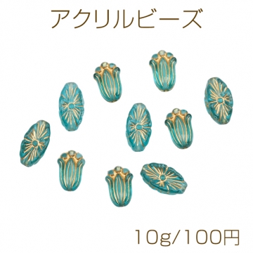 アクリルビーズ フラワーモチーフ ミックス 金彩 ターコイズブルー バロック風 アンティーク調 種類ランダム（10g）