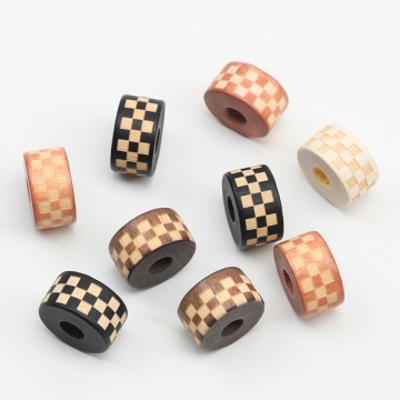 ウッドビーズ タイヤ型 格子柄 彫刻模様 スペーサービーズ 木製 カラーミックス 約15mm（10ヶ）